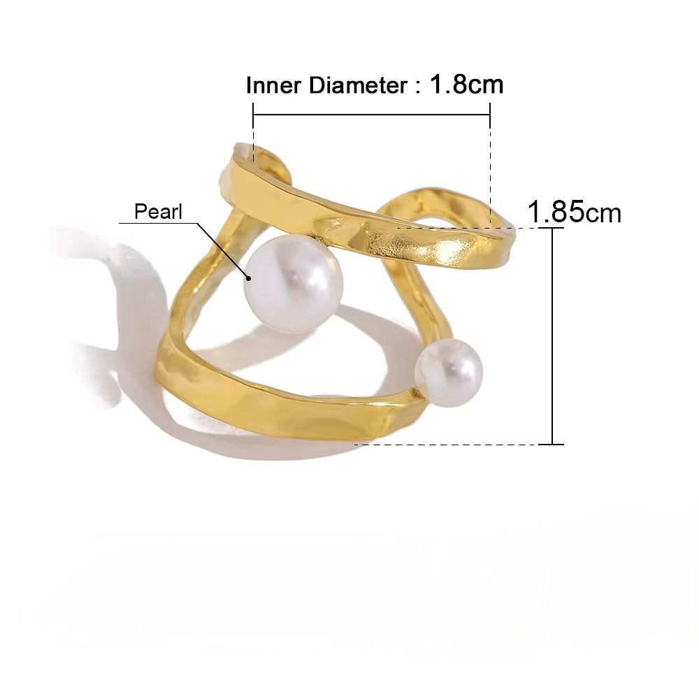 Vandfast Justerbar Ring – 18K Forgyldt Stål med Perler (18mm)