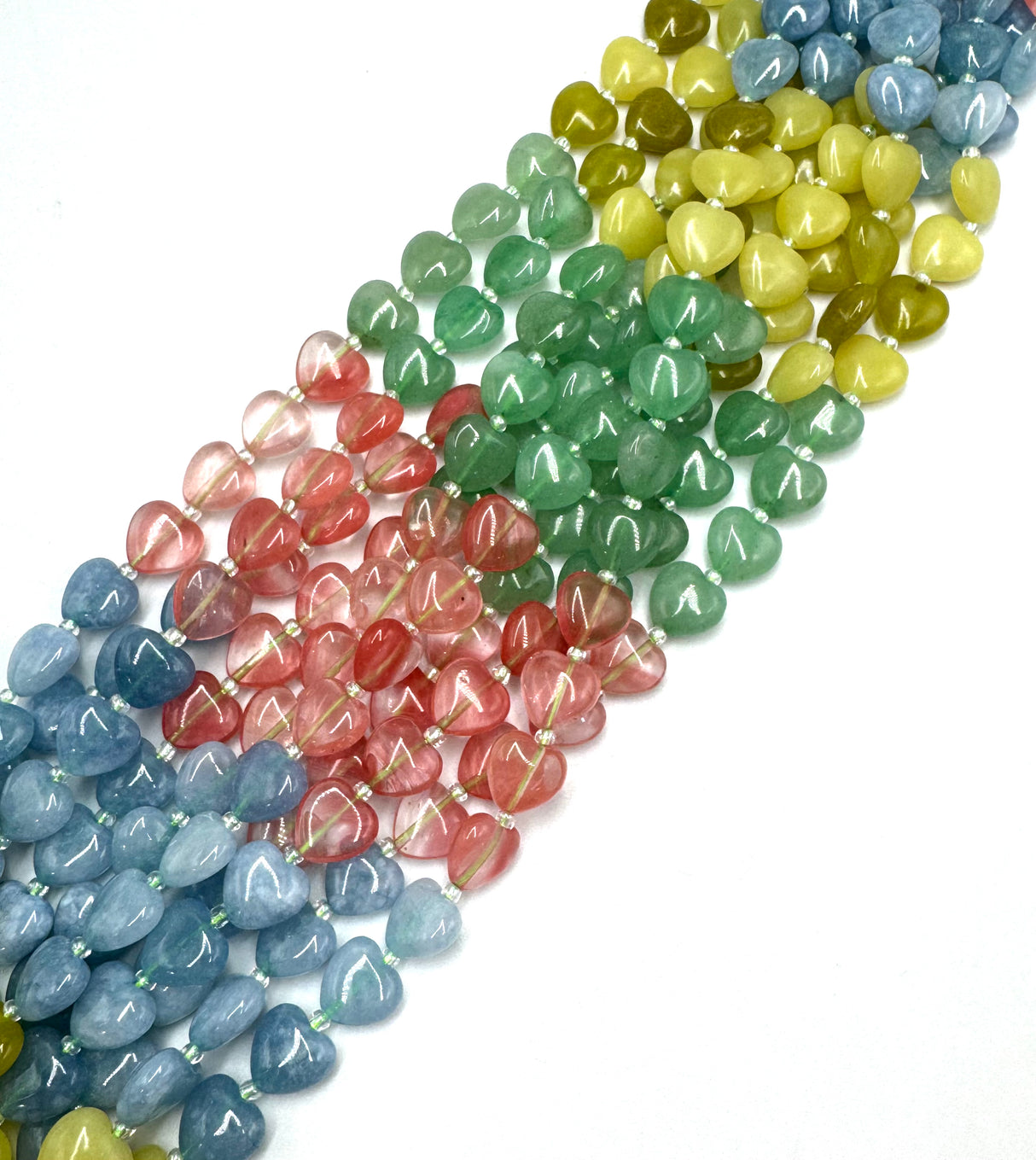Heart-shaped Beads Mix – Cherry Quartz Glass, White Jade, Lemon Jade & Green Aventurine (12x12x6mm)