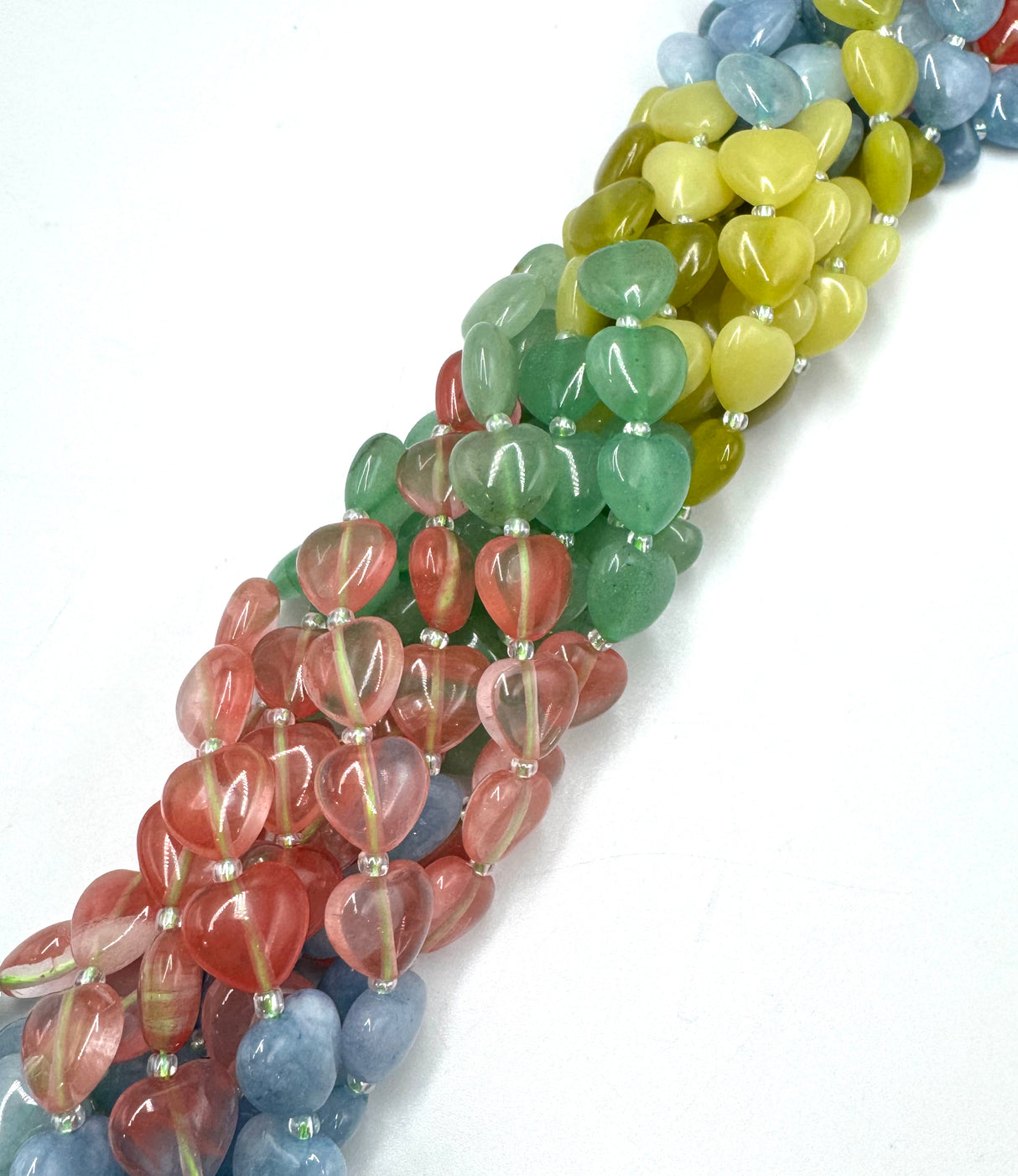 Heart-shaped Beads Mix – Cherry Quartz Glass, White Jade, Lemon Jade & Green Aventurine (12x12x6mm)