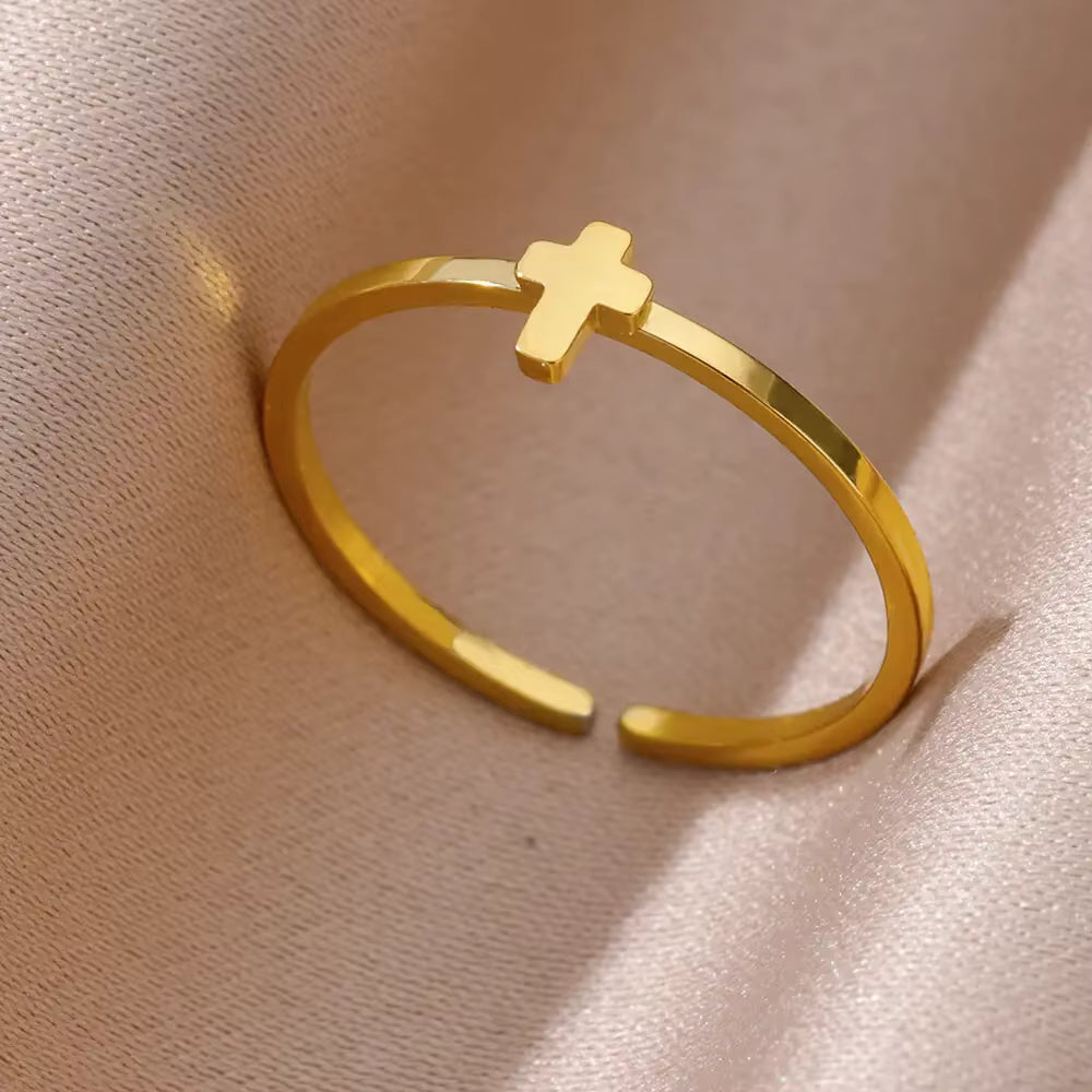Water-resistant And Adjustable Ring With Cross, Gold-plated Steel