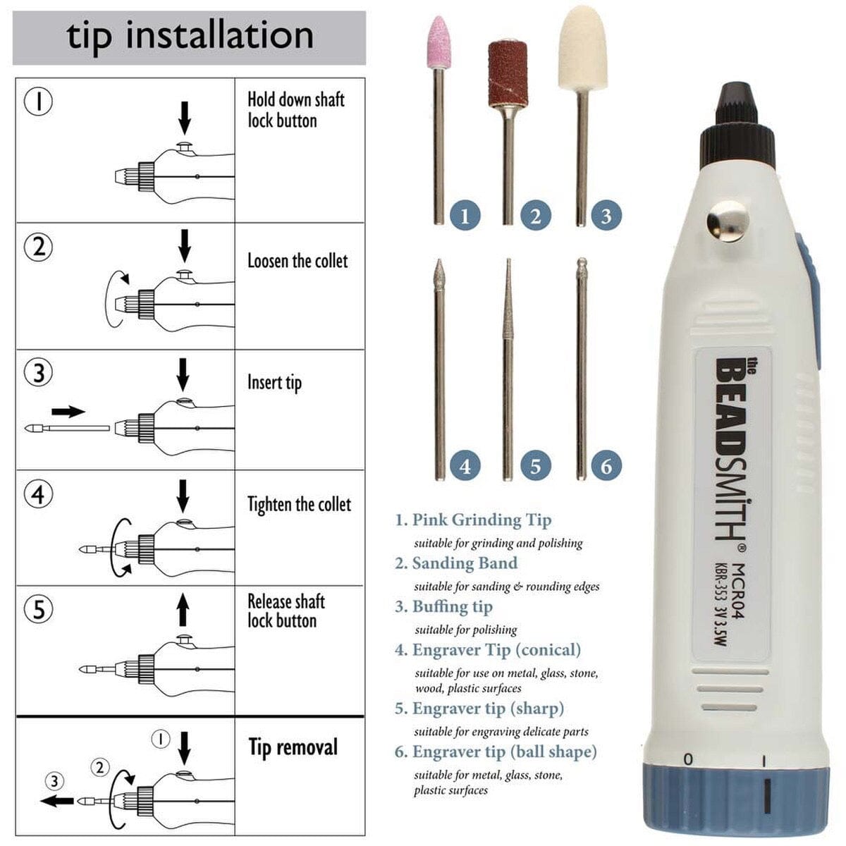 Beadsmith Graveringssæt – Batteridrevet, 6 Spidser - Uniq Perler - 113451