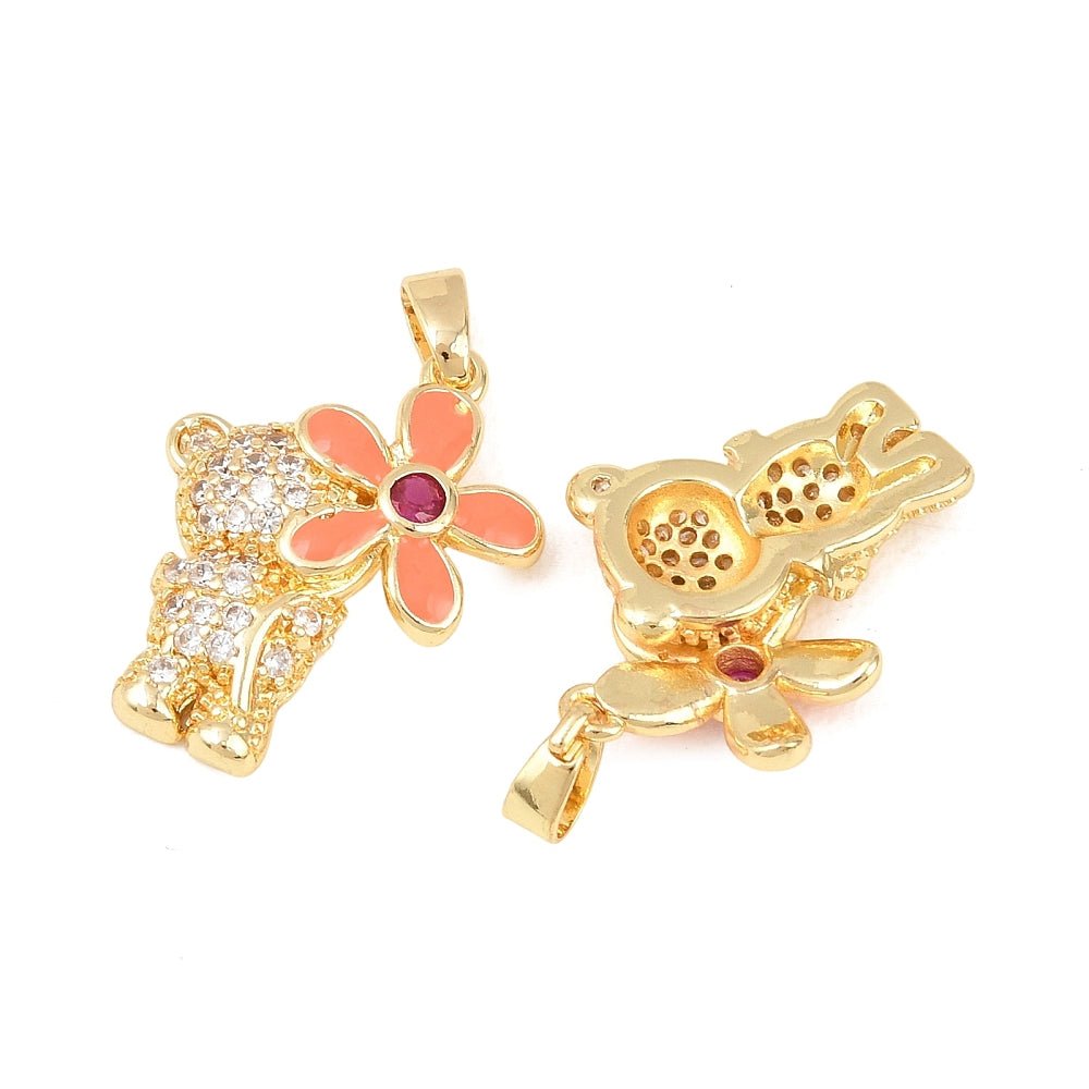 Bjørn Med Blomst Vedhæng – Zirkonia Forgyldt Langtidsholdbar (21mm) - Uniq Perler - 117654