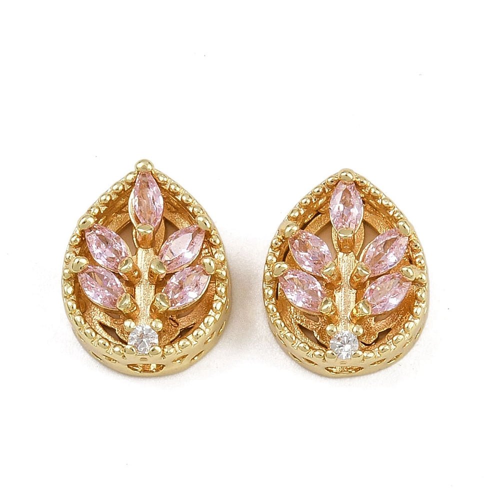 Blatt-Zwischenstück – langlebig 18K Vergoldet Messing mit pinken kubischen Zirkonia (12x10x6mm)
