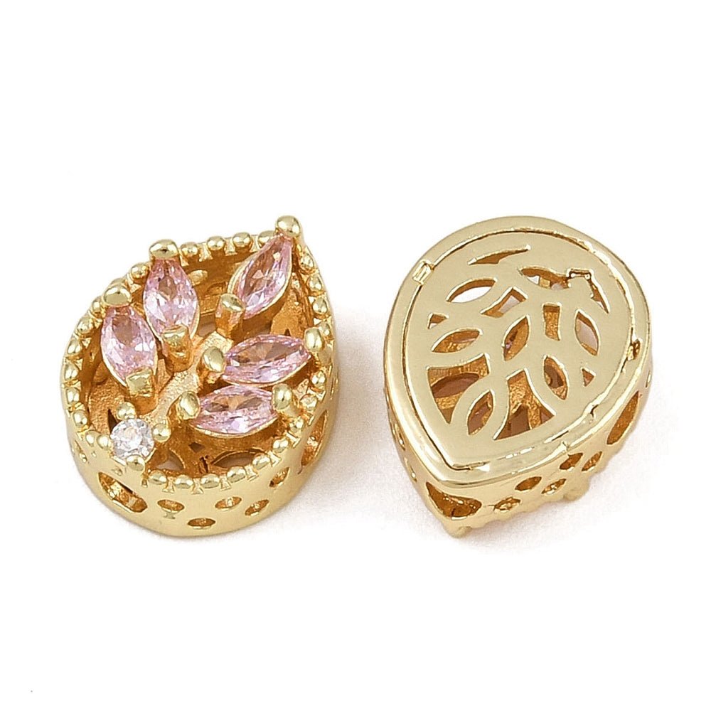 Blatt-Zwischenstück – langlebig 18K Vergoldet Messing mit pinken kubischen Zirkonia (12x10x6mm)