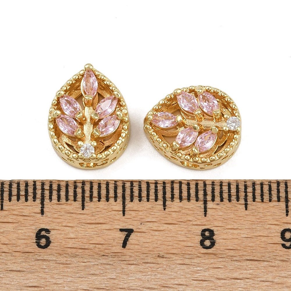 Blatt-Zwischenstück – langlebig 18K Vergoldet Messing mit pinken kubischen Zirkonia (12x10x6mm)