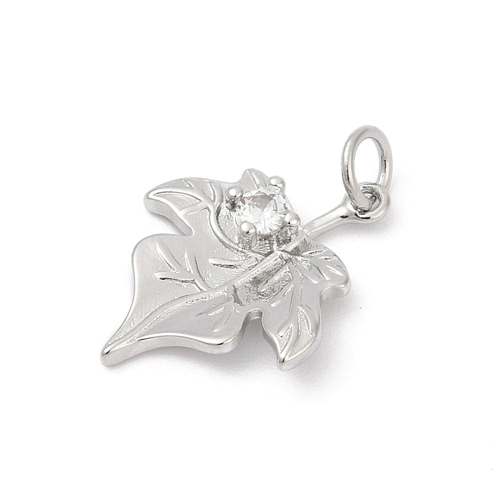 Blad Vedhæng Med Zirkonia Sten, Platinium, (20x15,5mm) - Uniq Perler - 114712