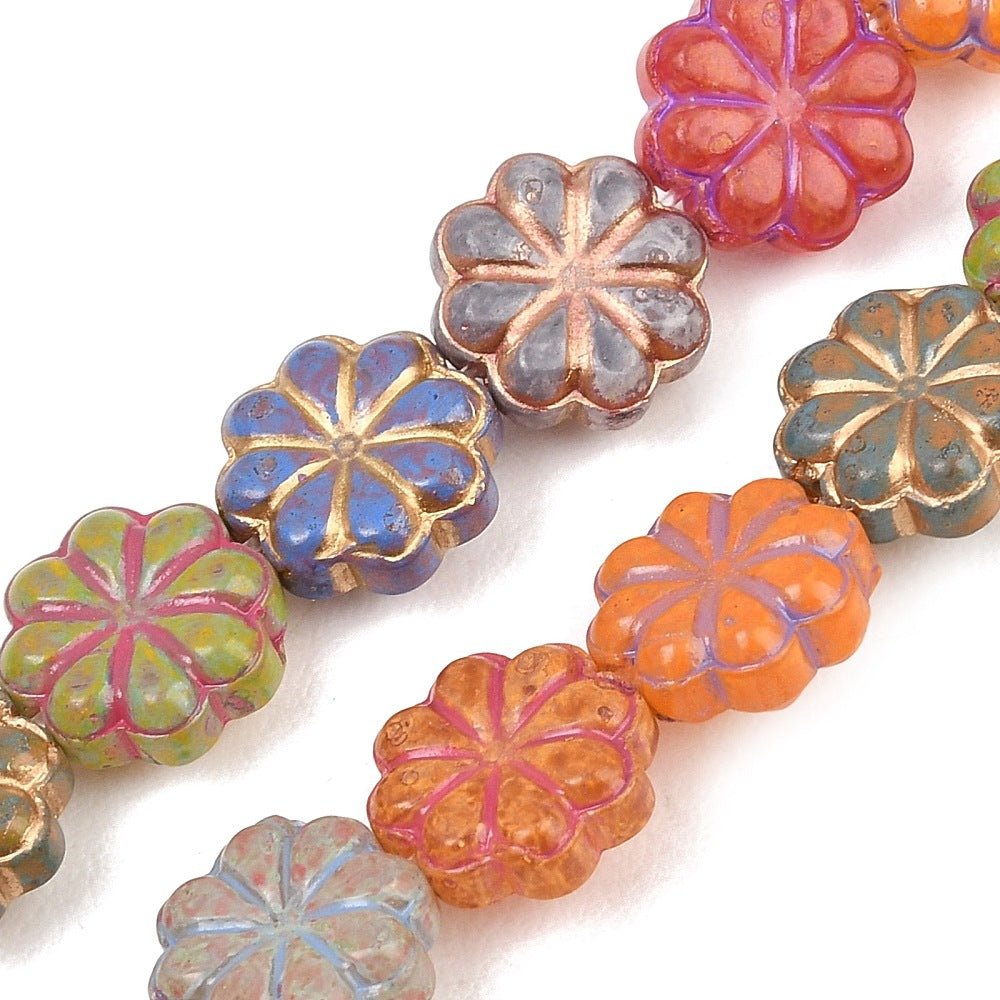 Blomster Glasperler – Farve Mix, 18K Forgyldt Detalje (10~10,5x4~4,3mm) - Uniq Perler - 122397