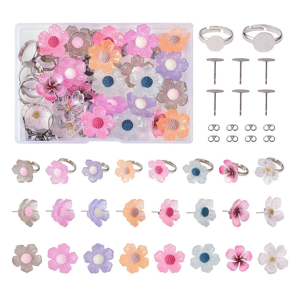 Cabochon Sæt Med Blomster – Fingerring & Ørestikkere, Akryl & Forgyldt, 44 Dele - Uniq Perler - 114898