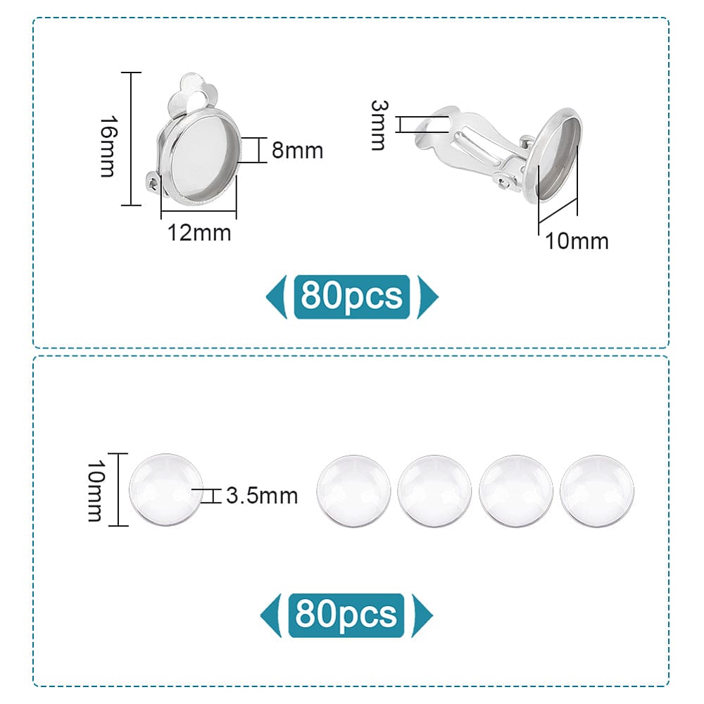 Cabochon Sæt – Øreklips Til Cabochon, Rustfrit Stål, 80 Dele - Uniq Perler - 114899