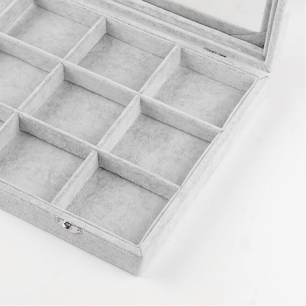 Display Med Rum Inddeling Og Glas Låg – Gråt Stof (24x35x4,5cm) - Uniq Perler - 0001489002