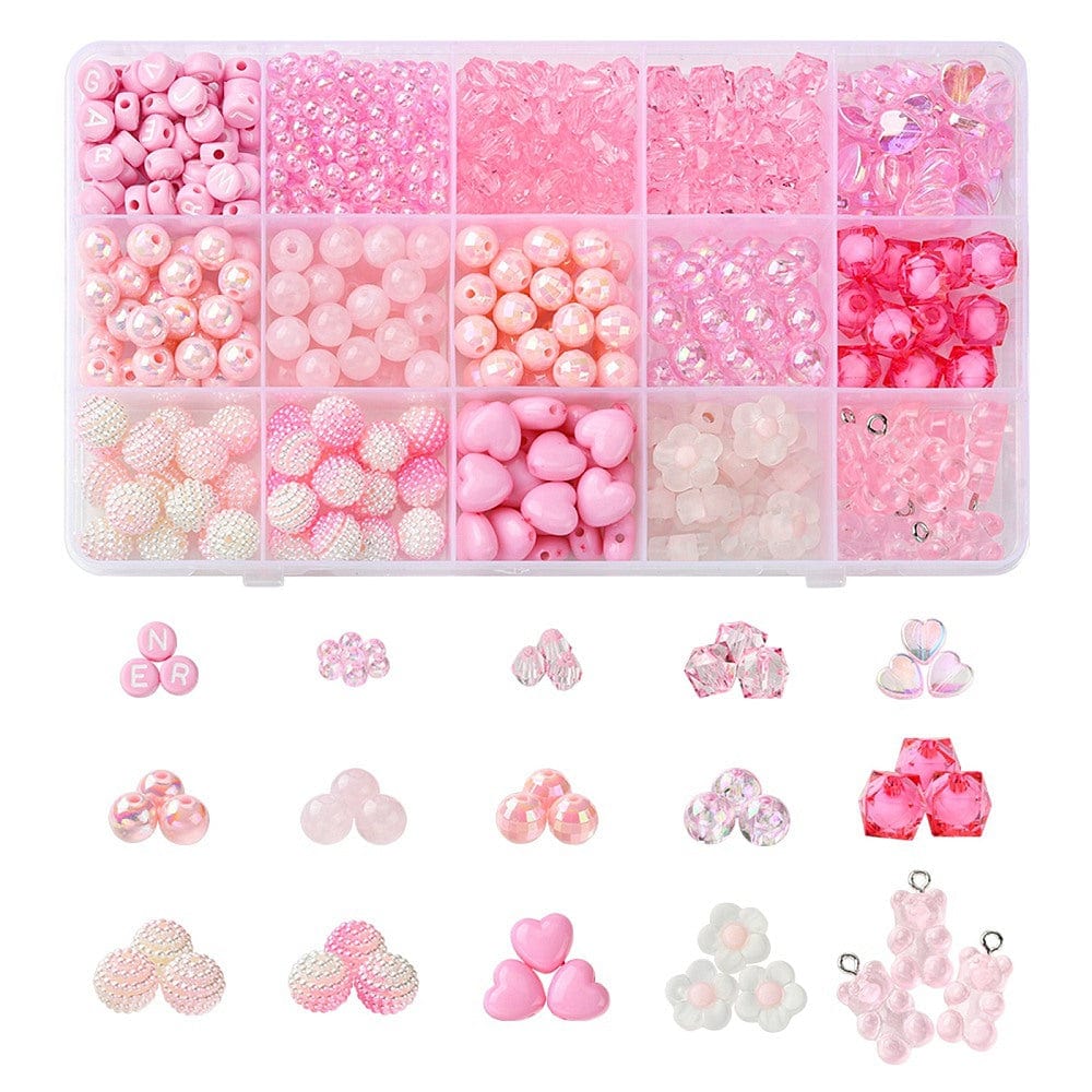 DIY Kasse Med 15 Forskellige Akryl Perler – Pink, Ca. 600 Stk (4 - 22mm) - Uniq Perler - 115096