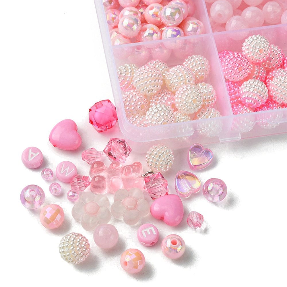 DIY Kasse Med 15 Forskellige Akryl Perler – Pink, Ca. 600 Stk (4 - 22mm) - Uniq Perler - 115096