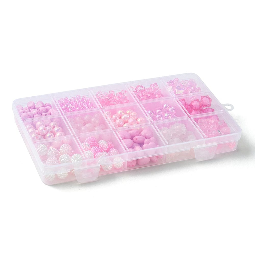 DIY Kasse Med 15 Forskellige Akryl Perler – Pink, Ca. 600 Stk (4 - 22mm) - Uniq Perler - 115096