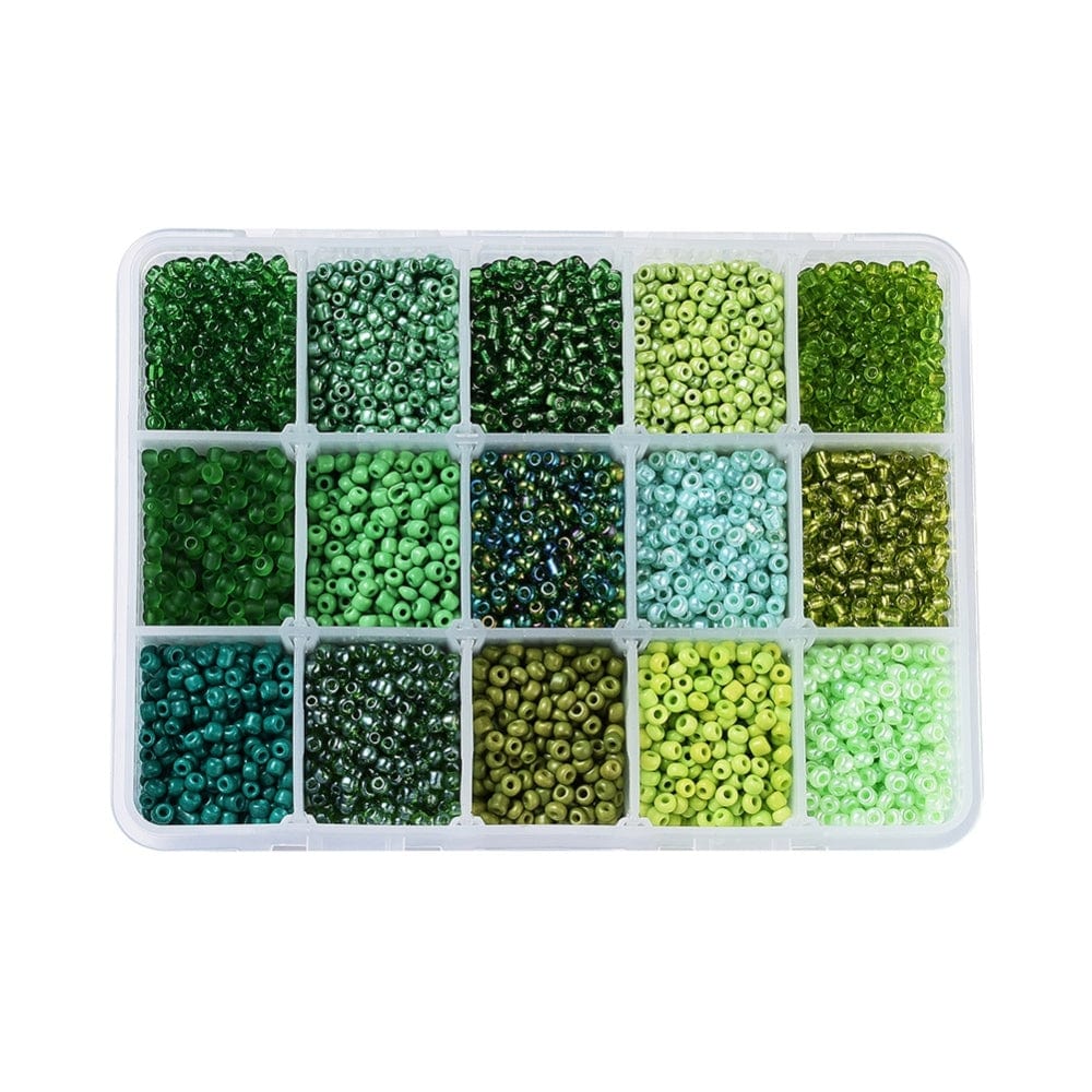 DIY Kasse Med 15 Grønne Farver Seed Beads – 3mm - Uniq Perler - 113459