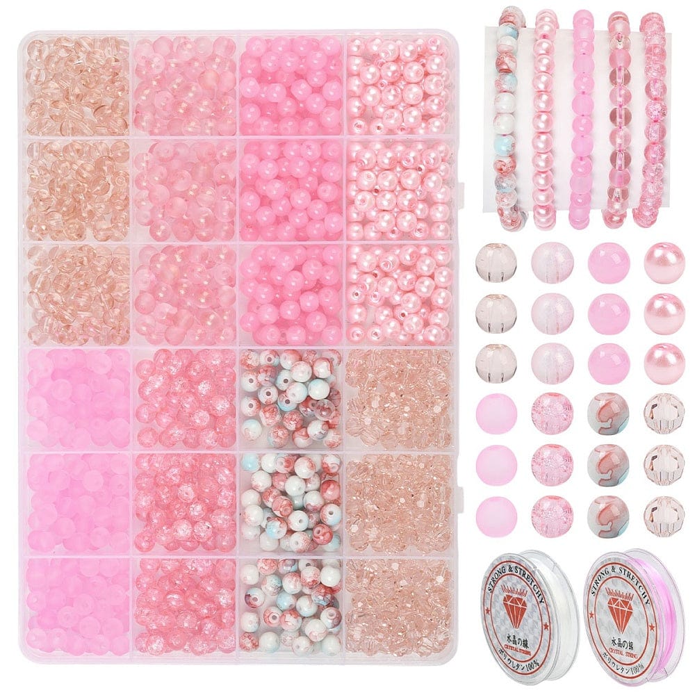 DIY Sæt – 8 Forskellige Perler & Elastik, Pink - Uniq Perler - 115851