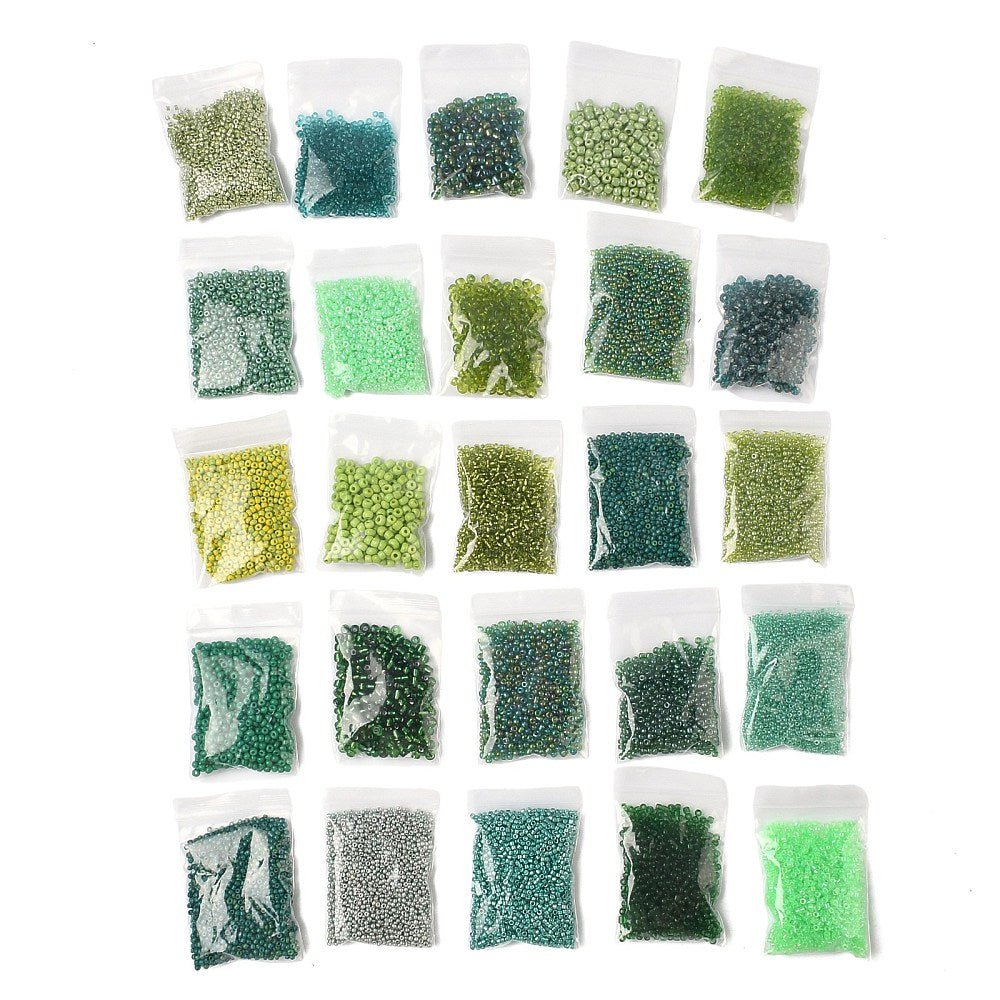 Diy Sæt - Glasperler Seed Beads – Runde Grønne (2 - 4mm, 25 poser) - Uniq Perler - 117271