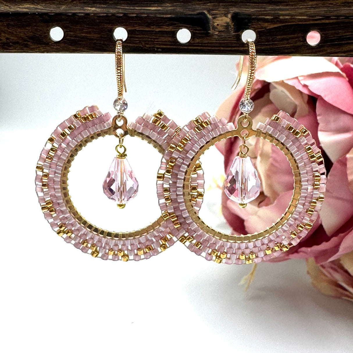 Diy Sæt - Rosa Miyuki Ørering Med Dråbe - Uniq Perler - 518741