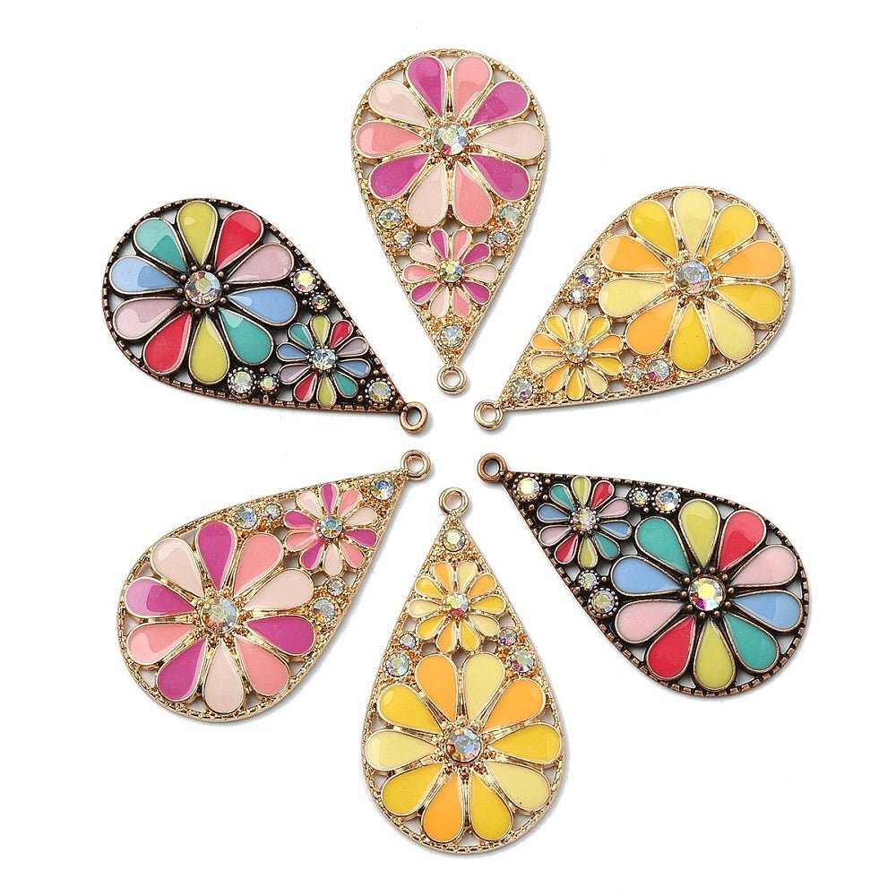 Dråbeformede Blomster Vedhæng Med Rhinsten – 18K Forgyldt Messing (44x24x3mm) 6 stk. - Uniq Perler - 123534