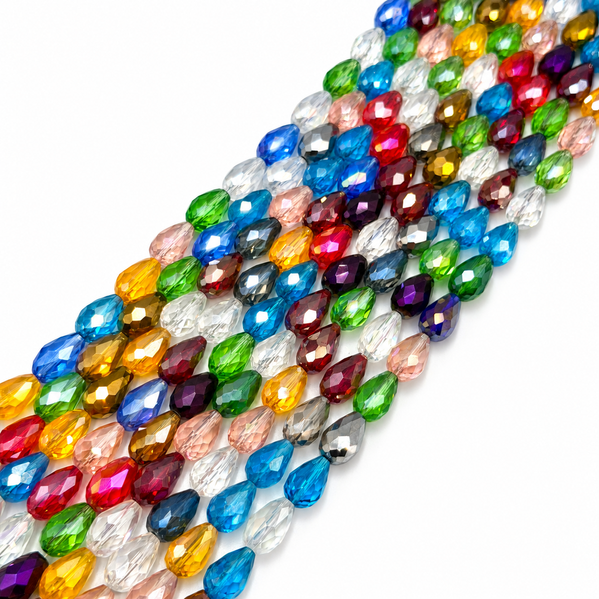 Dråbeformet Glasperler – AB Farve Mix, Facetteret (15x10mm) - Uniq Perler - 111850