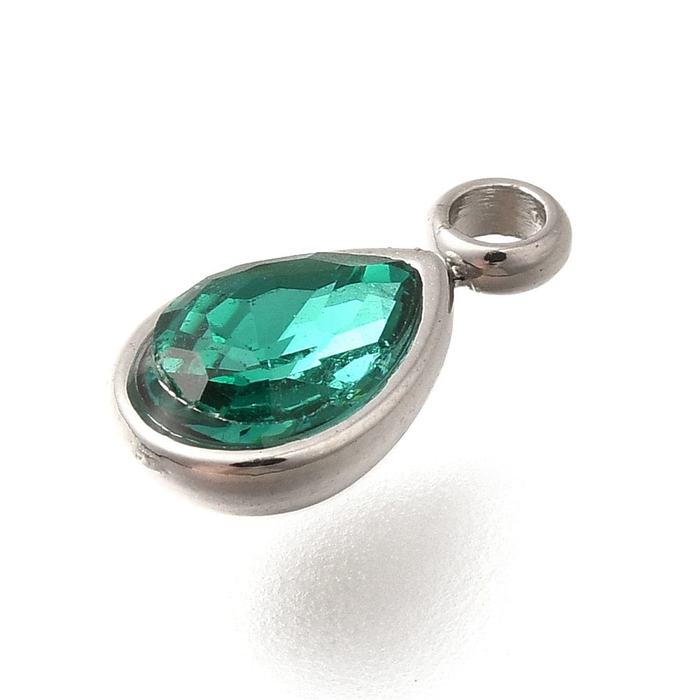 Dråbe Vedhæng Med Turkis Rhinsten, Stål, 10,5x5,5mm - Uniq Perler - 114801