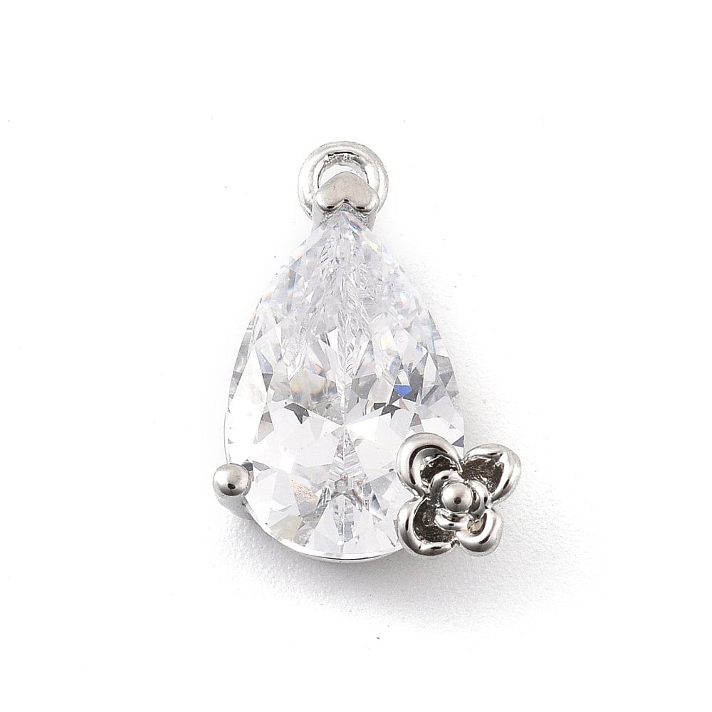 Dråbeformet Vedhæng Med Klar Zirkonia Sten – Platin Farvet (10x15mm) - Uniq Perler - 114758