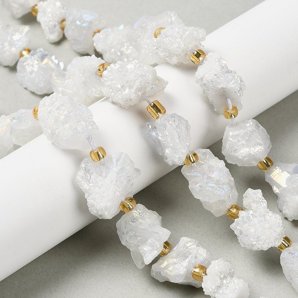 Druzy Agat Perler – Hvid, Elektropletterede Nuggets (10~16x12.5~15x11.5~13mm) - Uniq Perler - 120069