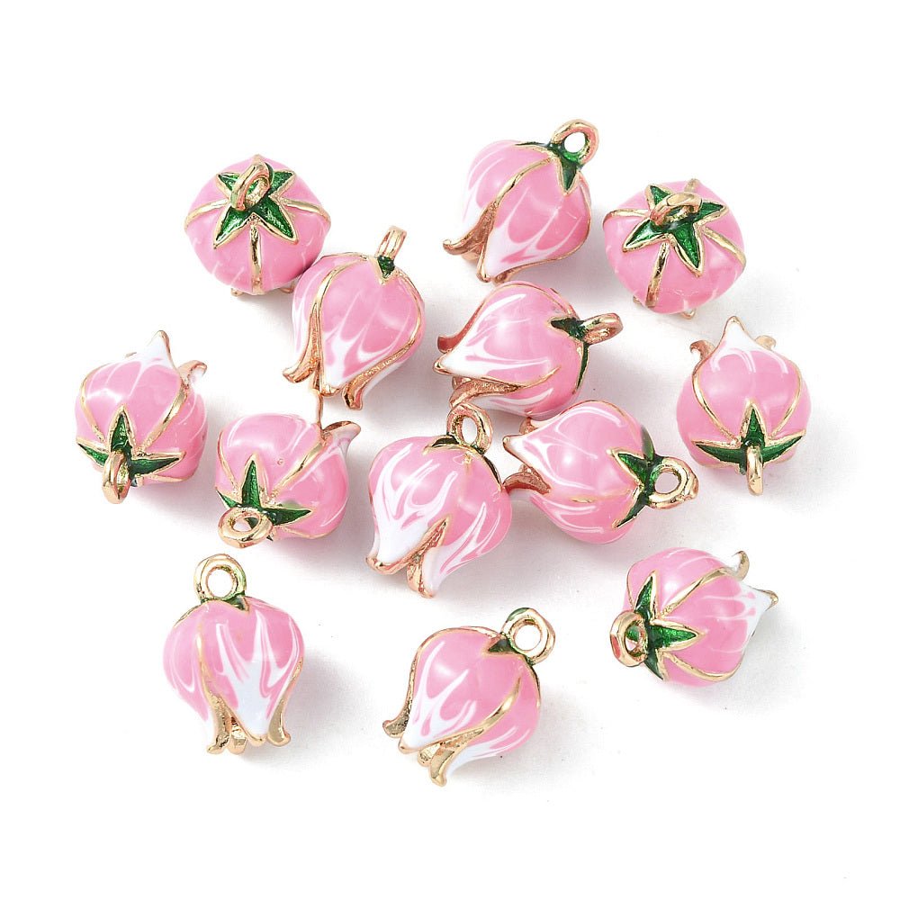 Emalje Vedhæng – Blomster Knop, 18K Forgyldt Messing, Pink (13x9mm) 2 stk. - Uniq Perler - 122535