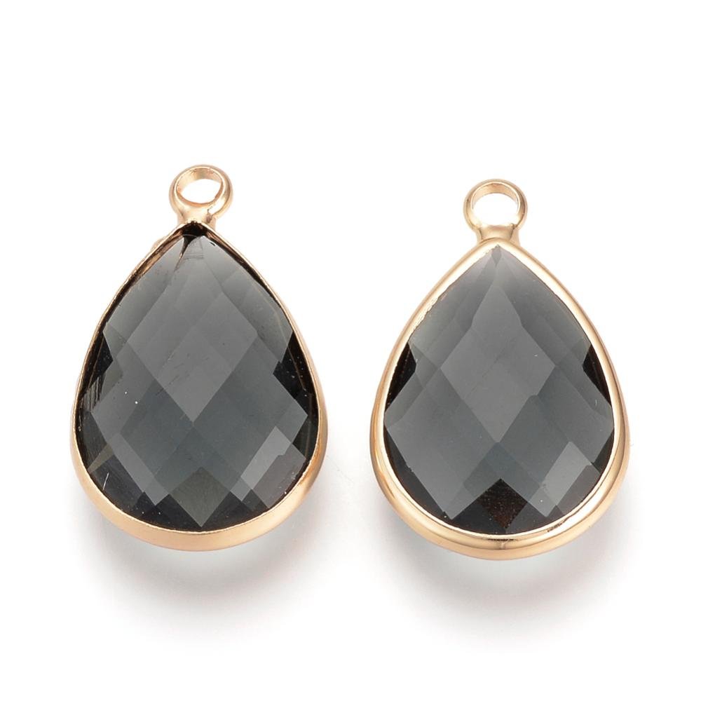 Facetteret Glas Vedhæng – Dråbe Grå med Messing Ophæng (14mm) 2 stk. - Uniq Perler -