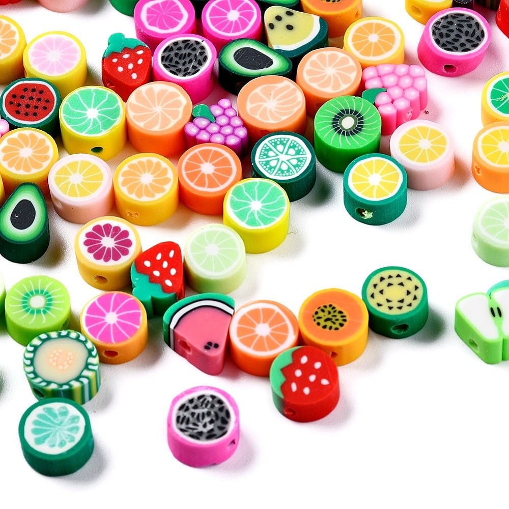 Fimo Frucht Perlen Set + Elastikfaden (Mix Farben, 100 Stk) - Uniq Perler -
