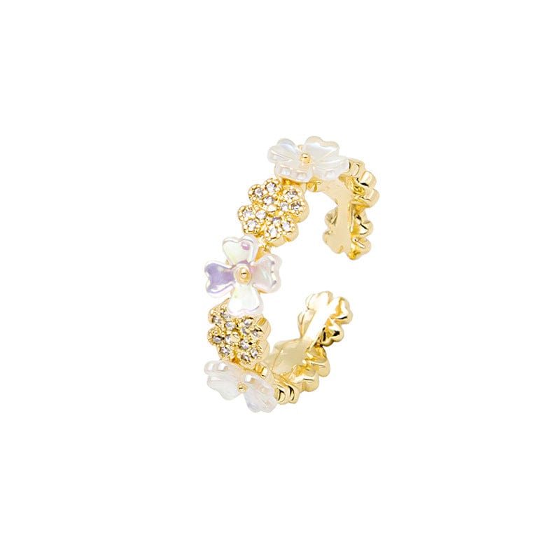 Forgyldt Justerbar Ring Med Blomster og Zirkonia - Uniq Perler - 114679