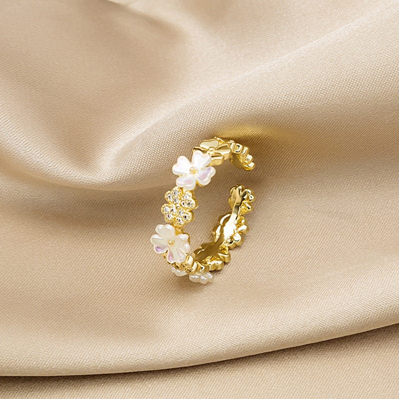 Forgyldt Justerbar Ring Med Blomster og Zirkonia - Uniq Perler - 114679