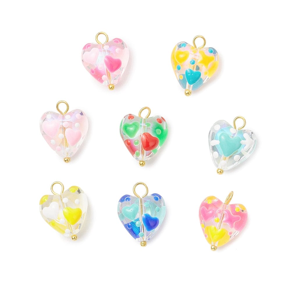Glas Hjerte Vedhæng – Mix Farver, Forgyldt Øje (17x13,5mm) 6 stk - Uniq Perler - 115517