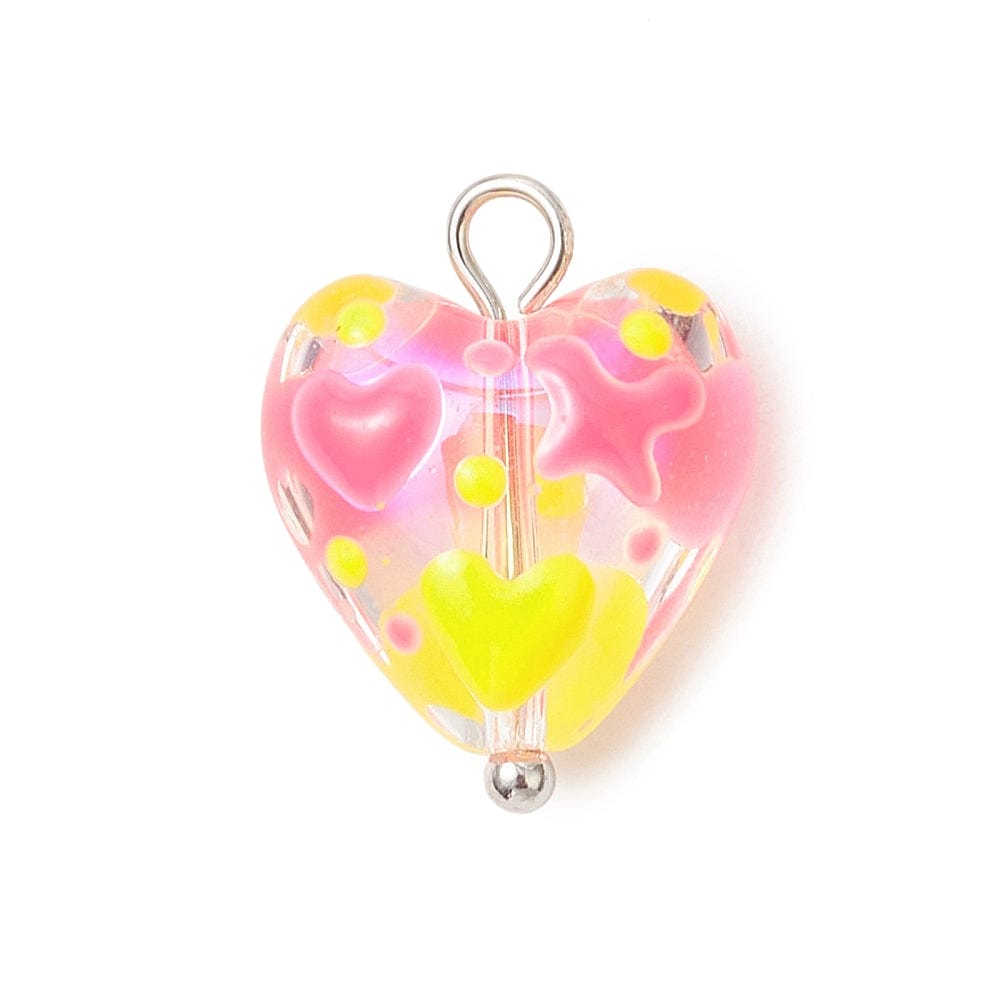 Glas Hjerte Vedhæng – Mix Farver, Platinfarvet Øje (17x13,5mm) 6 stk - Uniq Perler - 115516