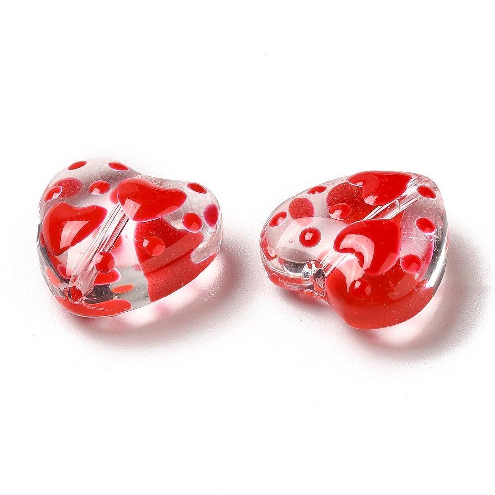 Glasperler – Håndlavede Hjerter med Emalje, Røde (12x12x6.5mm) 2 stk - Uniq Perler -