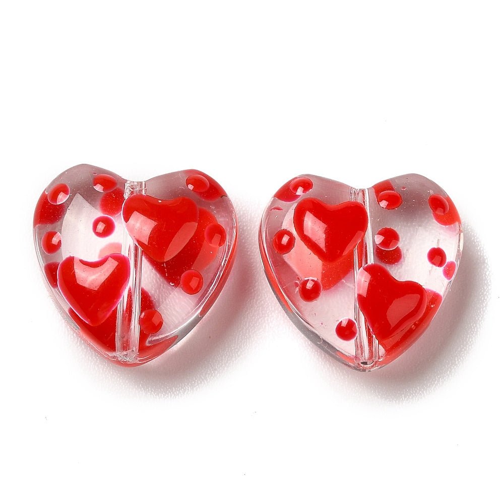 Glasperler – Håndlavede Hjerter med Emalje, Røde (12x12x6.5mm) 2 stk - Uniq Perler -