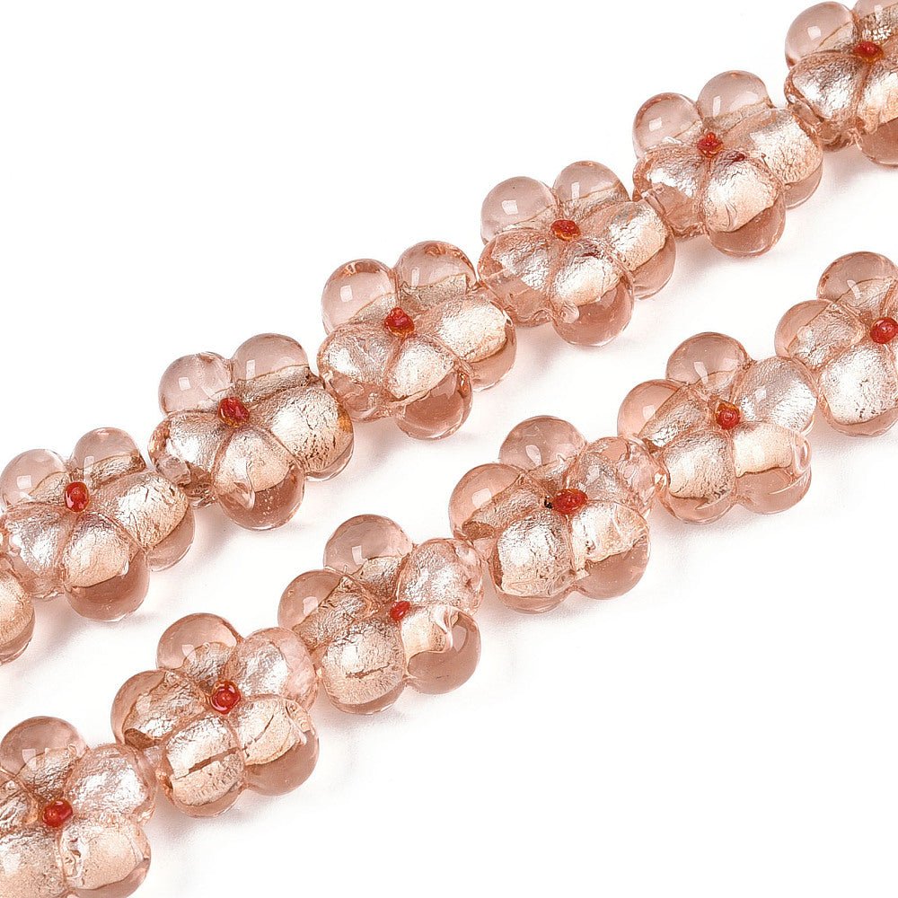 Handgefertigte Glasperlen mit Silberfolie – Rosa Blume (14x15mm)