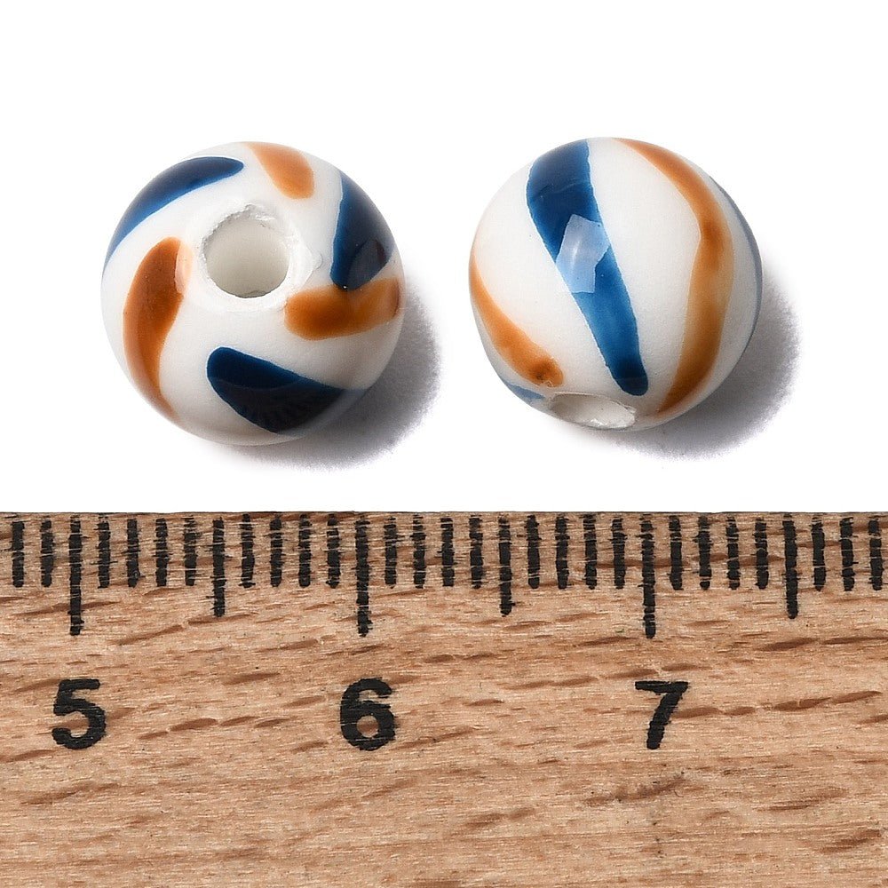 Håndmalede Porcelænsperler – Blå med Striber, Runde (10mm) 6 stk. - Uniq Perler - 122752