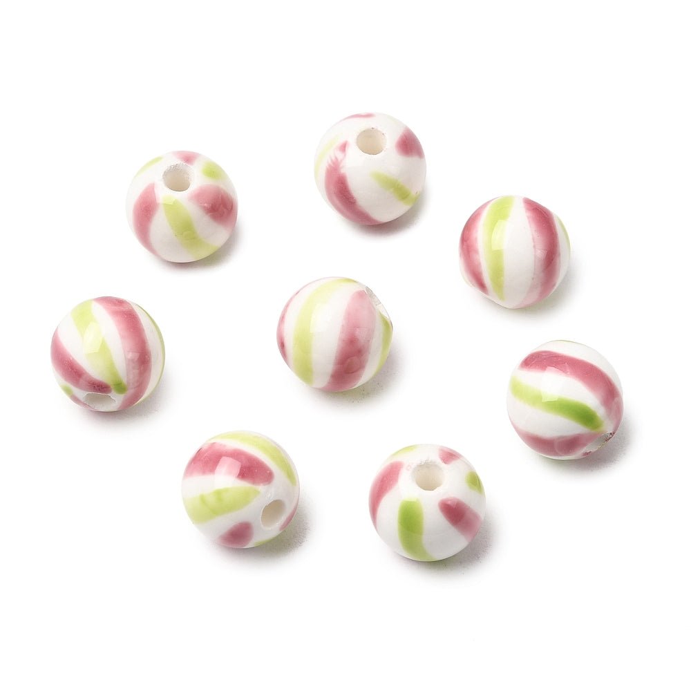 Håndmalede Porcelænsperler – Striber, Runde (10mm) 6 stk. - Uniq Perler - 122757