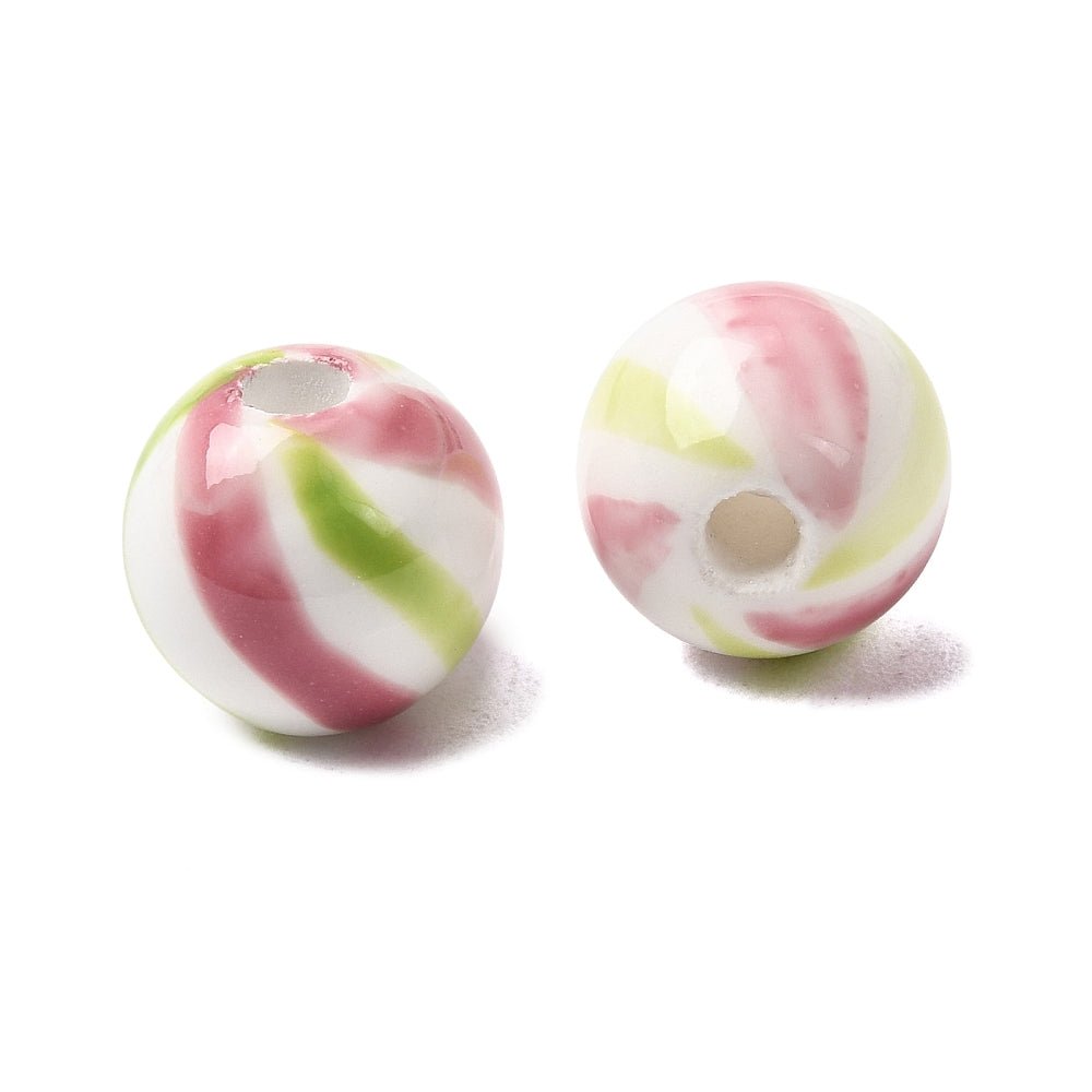 Håndmalede Porcelænsperler – Striber, Runde (10mm) 6 stk. - Uniq Perler - 122757