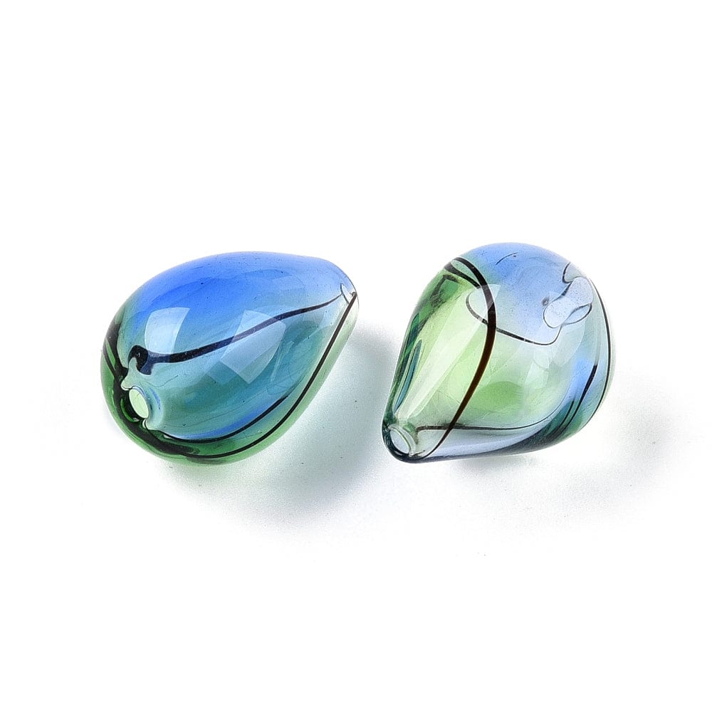 Håndlavede Glasdråber Stribet - Blå/Grøn (14 - 19mm) 5 Stk - Uniq Perler - 114484