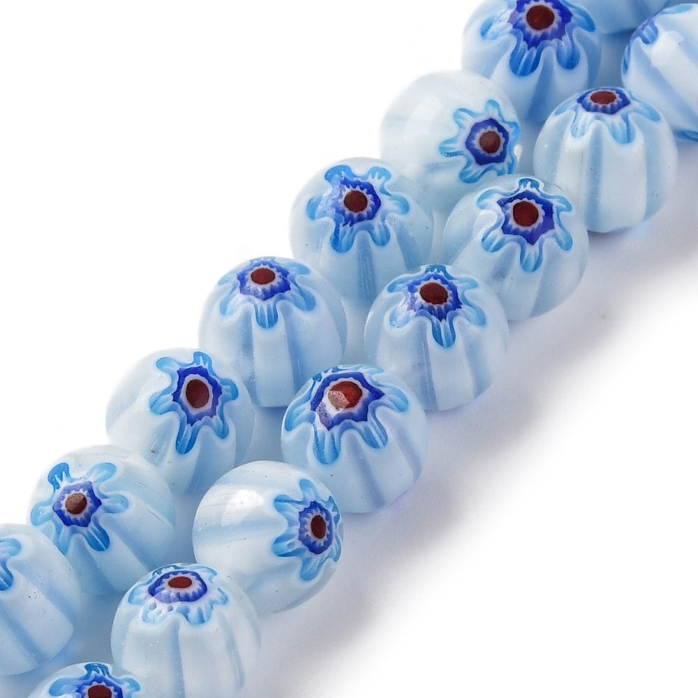 Håndlavede Lampwork Glasperler Med Blomster, Blå, (8mm) - Uniq Perler - 114954