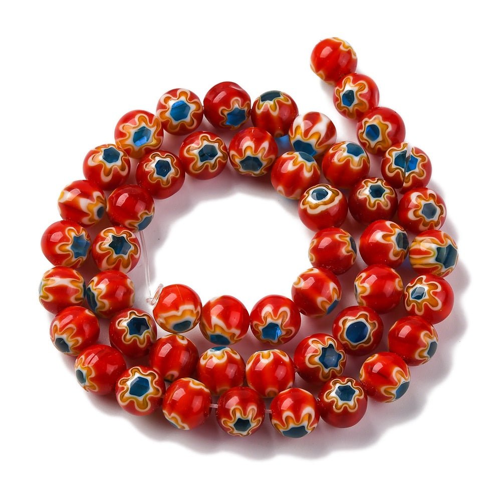 Håndlavede Lampwork Glasperler Med Blomster - Mørk Rød (8mm) - Uniq Perler -