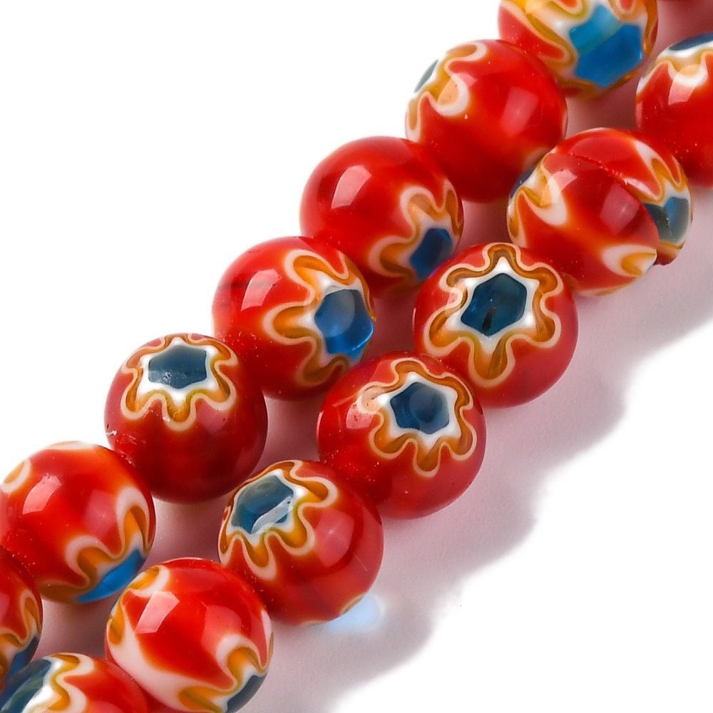 Håndlavede Lampwork Glasperler Med Blomster - Mørk Rød (8mm) - Uniq Perler -