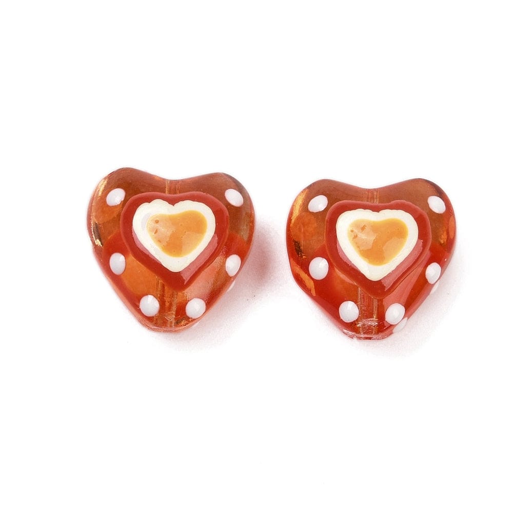 Håndlavede Lampwork Hjerte Glasperler - Brun/Orange (14mm) 4 stk - Uniq Perler - 115291