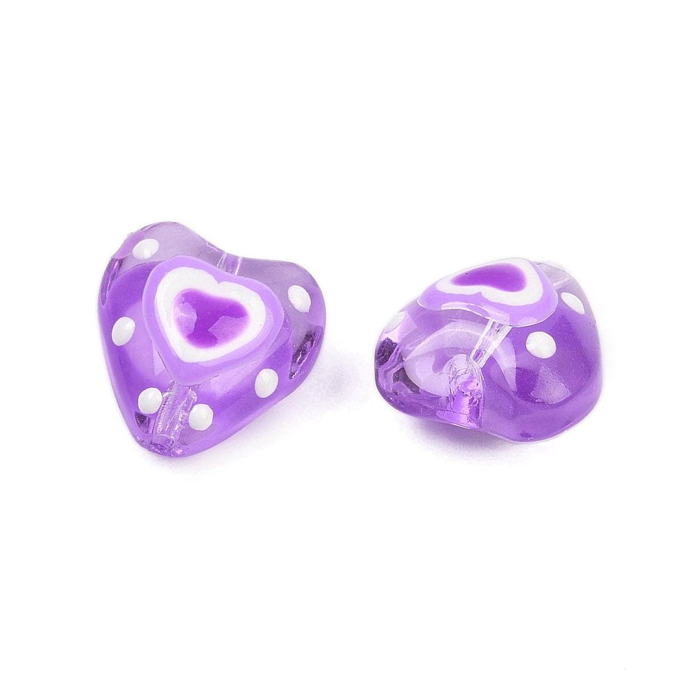 Håndlavede Lampwork Hjerte Glasperler – Lilla (14mm) 4 stk - Uniq Perler - 886234