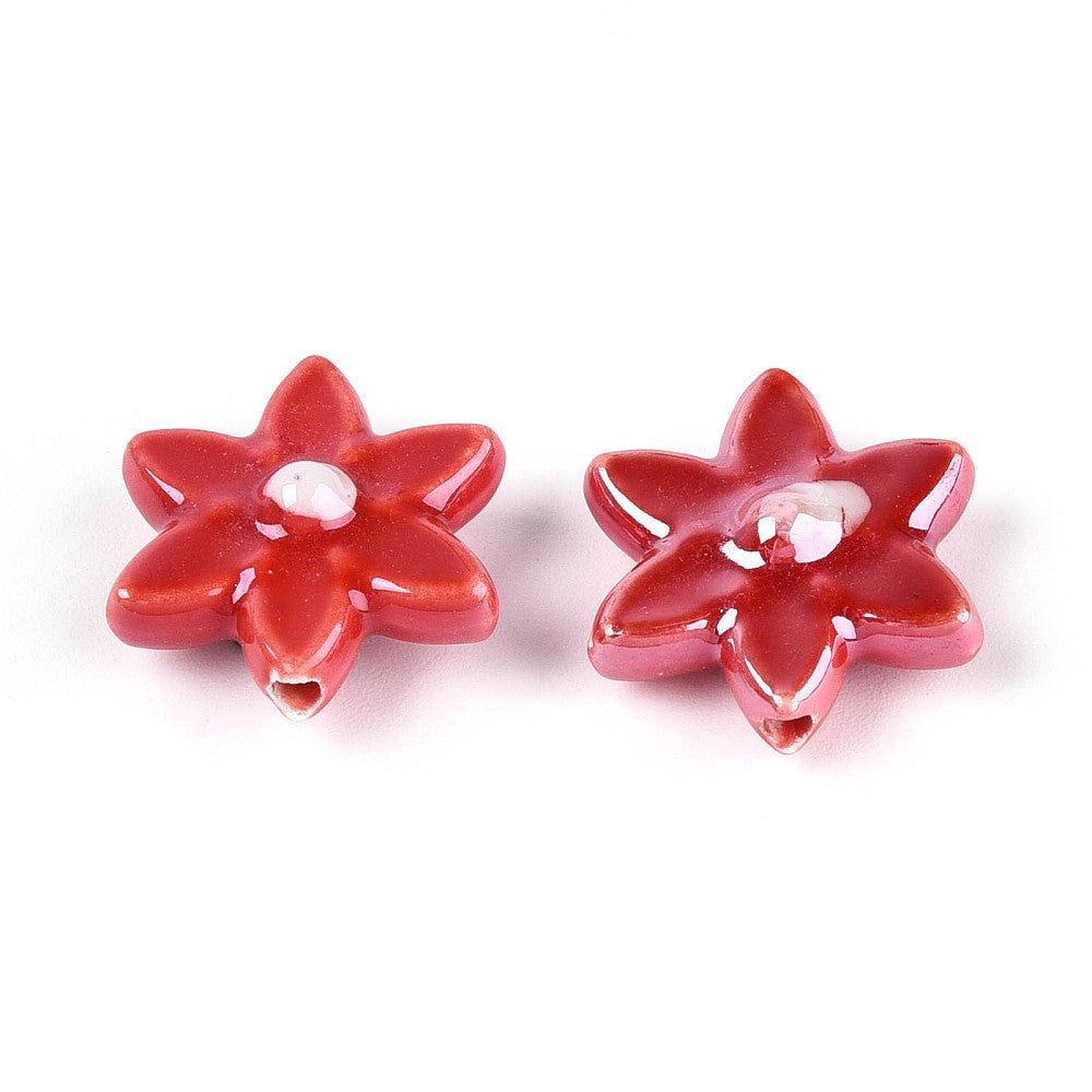 Håndlavede Porcelænsperler – Blomst Rød (16x17mm, 4 stk) - Uniq Perler -