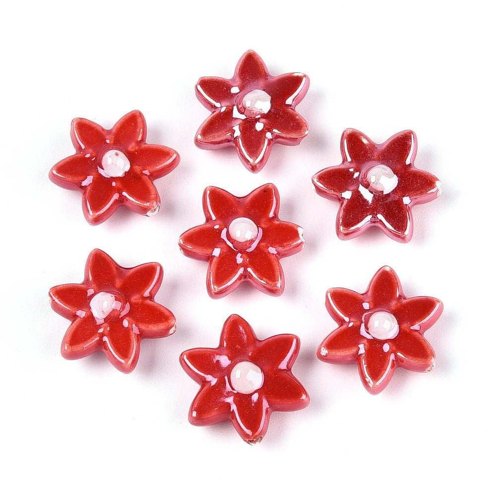 Håndlavede Porcelænsperler – Blomst Rød (16x17mm, 4 stk) - Uniq Perler -