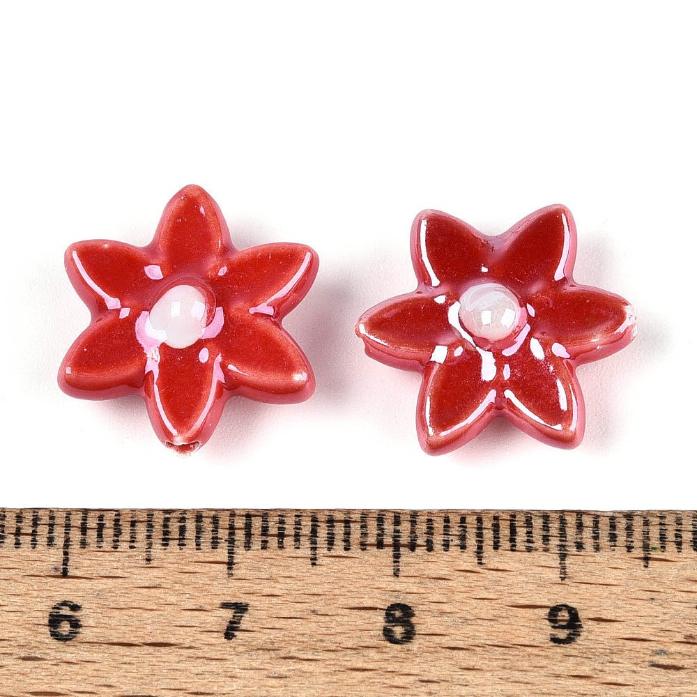 Håndlavede Porcelænsperler – Blomst Rød (16x17mm, 4 stk) - Uniq Perler -