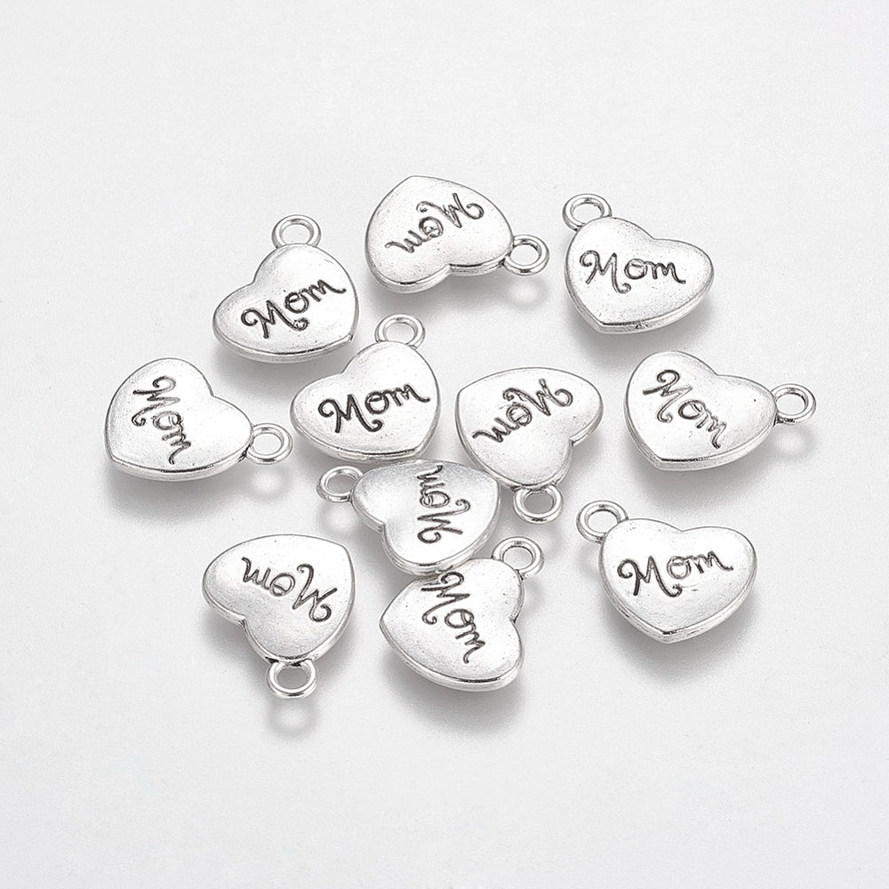 Hjerte Vedhæng Med Mom – Antik Sølv Messing (18x15x3mm) - Uniq Perler - 122948