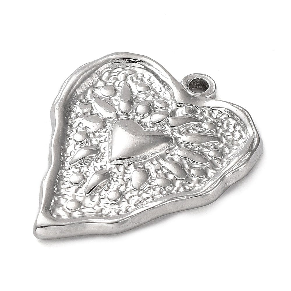 Hjerte Vedhæng Med Mønster, Stål, 25x21mm - Uniq Perler - 112479
